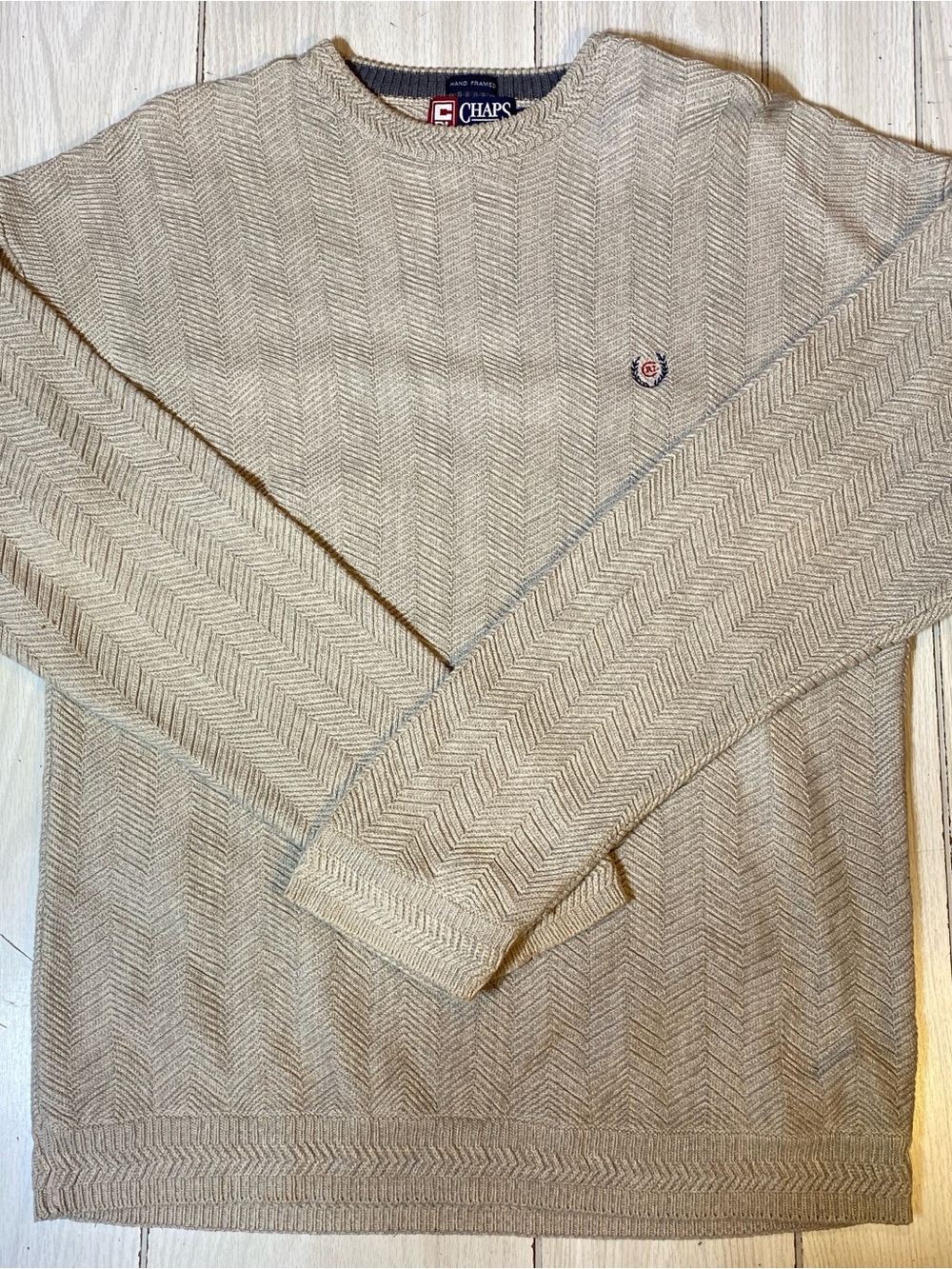 Vintage Chaps Ralph Lauren Hand Framed Men's Sweater Beige Herringbone Size L
